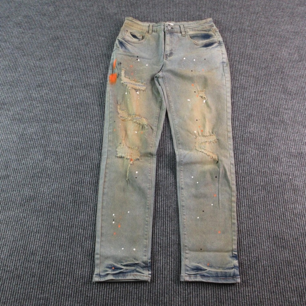 HME Jeans Mens 32 Blue Skinny Slim Distressed Paint Splatter Ripped 30x30* NWOT